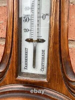 Antique Large Edwardian Quality Carved Oak Aneroid Barometer Superb