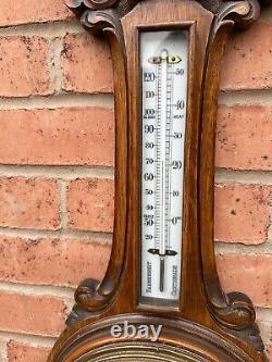 Antique Large Edwardian Quality Carved Oak Aneroid Barometer Superb