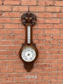 Antique Large Edwardian Quality Carved Oak Aneroid Barometer Superb