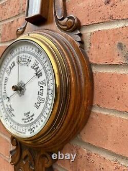 Antique Large Edwardian Quality Carved Oak Aneroid Barometer Superb