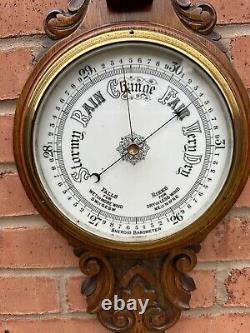 Antique Large Edwardian Quality Carved Oak Aneroid Barometer Superb