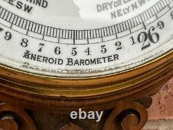 Antique Large Edwardian Quality Carved Oak Aneroid Barometer Superb