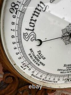 Antique Large Edwardian Quality Carved Oak Aneroid Barometer Superb