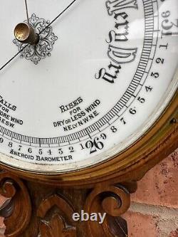 Antique Large Edwardian Quality Carved Oak Aneroid Barometer Superb