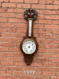 Antique Large Edwardian Quality Carved Oak Aneroid Barometer Superb