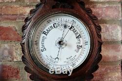Antique Large Rare Aneroid Barometer with Thermometer in Carved Solid Oak Case