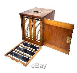 Antique Large Wooden Microscope Slide Collectors Cabinet / Box With 470 Slides