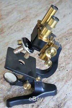 Antique Leitz Binocular Microscope. Brass, 3 Objectives, Case