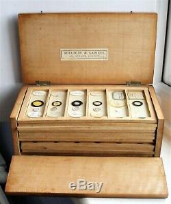 Antique MICROSCOPE SLIDES (72) in MILLIKIN & LAWLEY Pine DISPLAY CASE