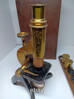 Antique Metal Brass Microscope by Henry Crouch London 1887 SBH Lens Wooden Box