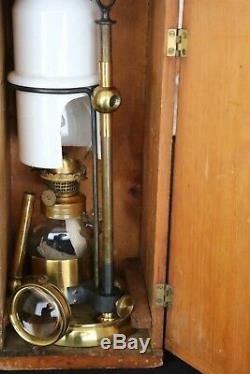 Antique Microscope Oil Lamp, Brass, With Bulls Eye. Inc Case