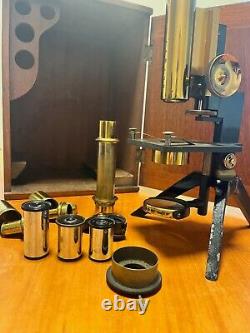 Antique Microscope prob. Watson C1906 with unique adjustment. Mahogany case