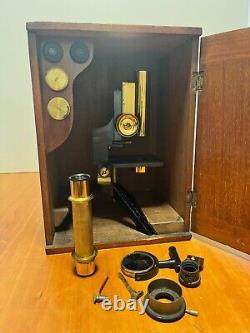 Antique Microscope prob. Watson C1906 with unique adjustment. Mahogany case