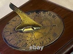 Antique Old Hand Engraved Yellow Brass & Oak Sundial Clock Scientific Instrument