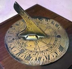 Antique Old Hand Engraved Yellow Brass & Oak Sundial Clock Scientific Instrument