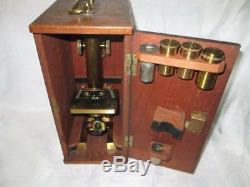 Antique R & J Beck of London All Brass Continental Style Microscope c1905 Cased