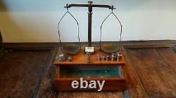 Antique Set Brass Apothecary Pan Balance Scales Storage Drawer And Weights