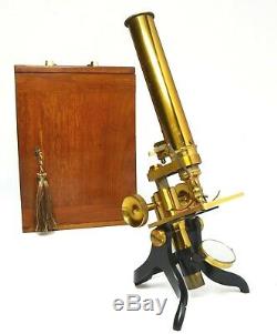 Antique'Society of the Arts' microscope, lacquered brass, case, accessories