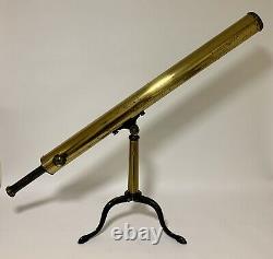 Antique Victorian Brass Library Telescope on Tripod by E G Wood in Box with Lens
