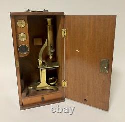 Antique Victorian Brass Microscope in Box with Lenses Chadburn Bros Sheffield