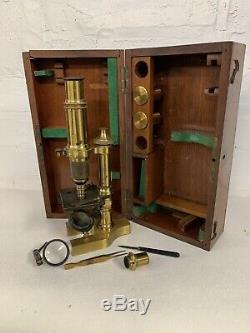 Antique Victorian Brass Microscope with Lenses in Original Box