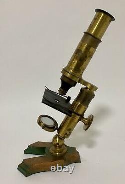 Antique Victorian Brass Student Field Microscope in Box with Lenses