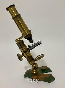 Antique Victorian Brass Student Field Microscope in Box with Lenses