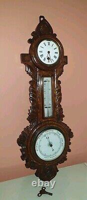 Antique Victorian Large Carved Oak Aneroid Banjo Barometer, Clock & Thermometer