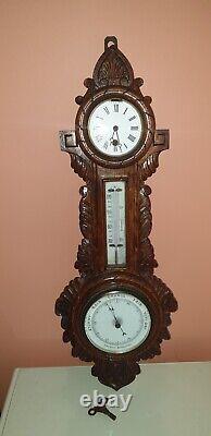 Antique Victorian Large Carved Oak Aneroid Banjo Barometer, Clock & Thermometer