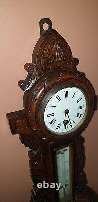 Antique Victorian Large Carved Oak Aneroid Banjo Barometer, Clock & Thermometer