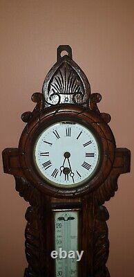 Antique Victorian Large Carved Oak Aneroid Banjo Barometer, Clock & Thermometer