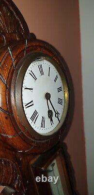 Antique Victorian Large Carved Oak Aneroid Banjo Barometer, Clock & Thermometer