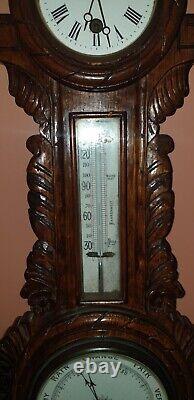 Antique Victorian Large Carved Oak Aneroid Banjo Barometer, Clock & Thermometer