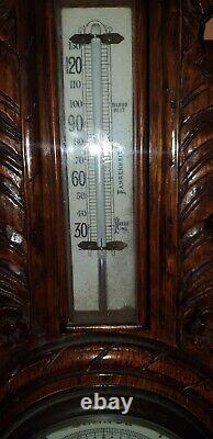 Antique Victorian Large Carved Oak Aneroid Banjo Barometer, Clock & Thermometer