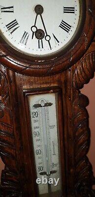 Antique Victorian Large Carved Oak Aneroid Banjo Barometer, Clock & Thermometer