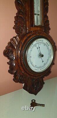 Antique Victorian Large Carved Oak Aneroid Banjo Barometer, Clock & Thermometer