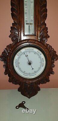 Antique Victorian Large Carved Oak Aneroid Banjo Barometer, Clock & Thermometer