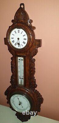 Antique Victorian Large Carved Oak Aneroid Banjo Barometer, Clock & Thermometer