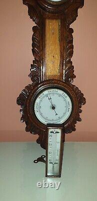 Antique Victorian Large Carved Oak Aneroid Banjo Barometer, Clock & Thermometer