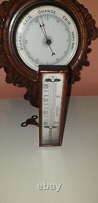 Antique Victorian Large Carved Oak Aneroid Banjo Barometer, Clock & Thermometer