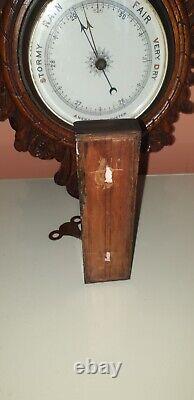 Antique Victorian Large Carved Oak Aneroid Banjo Barometer, Clock & Thermometer