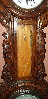 Antique Victorian Large Carved Oak Aneroid Banjo Barometer, Clock & Thermometer