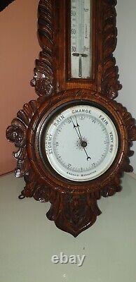 Antique Victorian Large Carved Oak Aneroid Banjo Barometer, Clock & Thermometer