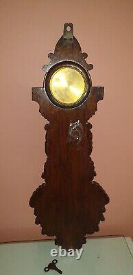 Antique Victorian Large Carved Oak Aneroid Banjo Barometer, Clock & Thermometer