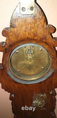 Antique Victorian Large Carved Oak Aneroid Banjo Barometer, Clock & Thermometer