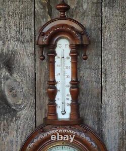 Antique Victorian Late C19th Aneroid Barometer And Thermometer
