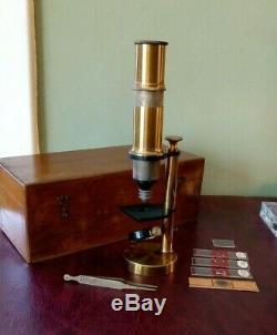 Antique Victorian brass microscope (c. 1890) with Box and Slides