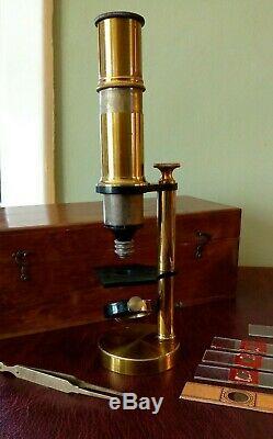 Antique Victorian brass microscope (c. 1890) with Box and Slides