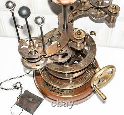Antique Vintage Brass Orrery Solar System Sun Earth Moon Marsh with Wooden Base