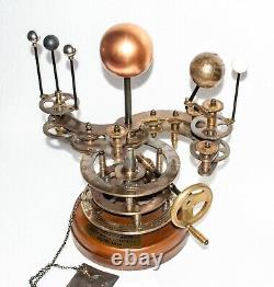 Antique Vintage Brass Orrery Solar System Sun Earth Moon Marsh with Wooden Base